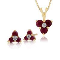 9ct yellow gold ruby diamond floral cluster stud earrings 45cm necklac ...