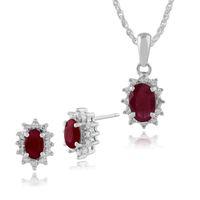 9ct White Gold Natural Ruby & Diamond Cluster Stud Earrings & 45cm Necklace Set