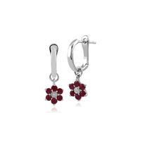 9ct White Gold Ruby and Diamond Floral Hoop Earrings