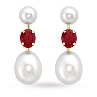 9ct yellow gold pearl and ruby drop earrings