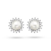 9ct White Gold 0.25ct Diamond and Pearl Cluster Stud Earrings