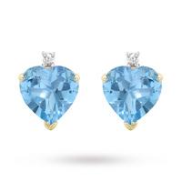 9ct Yellow Gold Blue Topaz and Diamond Heart Stud Earrings
