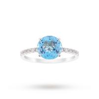 9ct White Gold 8x8mm Blue Topaz And 0.16ct White Topaz Ring - Ring Size P