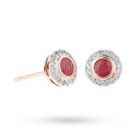 9ct Rose Gold Ruby and Diamond Halo Stud Earrings