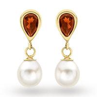 9ct yellow gold pear garnet and pearl drop stud earrings