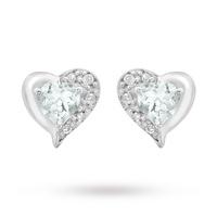 9ct White Gold Diamond and Aquamarine Heart Stud Earrings