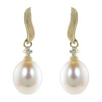 9ct gold freshwater cultured pearl and diamond drop earrings