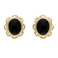 9ct Yellow Gold Whitby Jet Rope Frill Edge Oval Stud Earrings