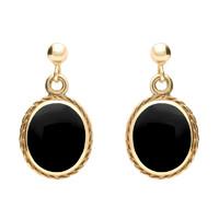 9ct Yellow Gold Whitby Jet Rope Edge Oval Drop Earrings