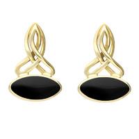 9ct Yellow Gold Whitby Jet Wide Marquise Celtic Stud Drop Earrings