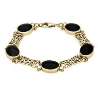 9ct Yellow Gold and Whitby Jet Five Stone Pierced Oval Bracelet