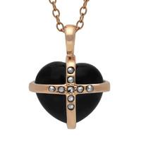 9ct Rose Gold Whitby Jet And Marcasite Small Cross Heart Necklace