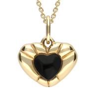 9ct Yellow Gold And Whitby Jet Stone in Ridged Heart Necklace
