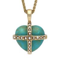 9ct Yellow Gold Turquoise And Pearl Small Cross Heart Necklace
