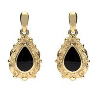 9ct Yellow Gold And Whitby Jet Pear Shaped Leaf Drop Earrings