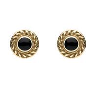 9ct Yellow Gold And Whitby Jet Round Rope Edge Stud Earrings