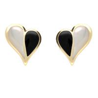 9ct Yellow Gold Whitby Jet White Pearl Split Heart Stud Earrings