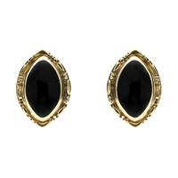 9ct Yellow Gold Whitby Jet Marquise Beaded Edge Stud Earrings