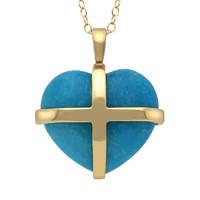 9ct Yellow Gold Turquoise Medium Cross Heart Necklace