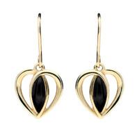9ct Yellow Gold and Whitby Jet Heart Drop Earrings