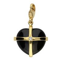 9ct Yellow Gold Whitby Jet One Diamond Large Cross Heart Charm