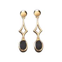 9ct Yellow Gold And Whitby Jet Diamond Shape Oval Drop Earrings