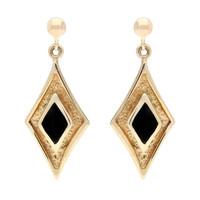 9ct Yellow Gold and Whitby Jet Diamond Shaped Drop Earrings