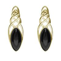 9ct Yellow Gold Whitby Jet Celtic Long Marquise Stud Earrings