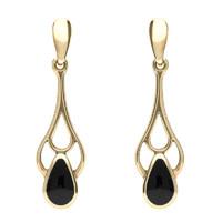 9ct Yellow Gold Whitby Jet Ornate Pear Drop Earrings