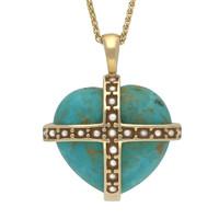 9ct Yellow Gold Turquoise And Pearl Large Cross Heart Necklace