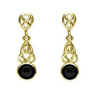 9ct Yellow Gold Whitby Jet Round Celtic Dropper Earrings