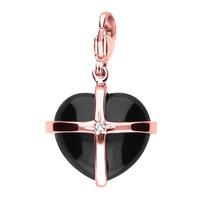 9ct Rose Gold Whitby Jet One Diamond Large Cross Heart Charm