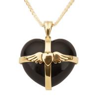9ct Yellow Gold Whitby Jet Medium Winged Cross Heart Necklace