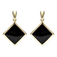9ct Yellow Gold Whitby Jet Flat Square Drop Earrings