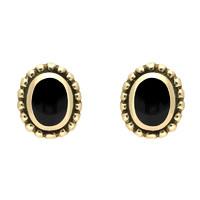 9ct Yellow Gold Whitby Jet Oval Bobble Edge Stud Earrings