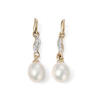9ct White Gold Diamond Freshwater Pearl Dropper Earrings GE950W
