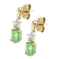 9ct Gold Oval Emerald Diamond Cluster Dropper Earrings VE0S296 9KY/EM