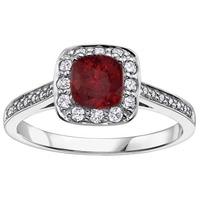 9ct cushion cut ruby and diamond halo shouldered ring 307975 9 ruby n