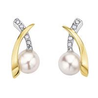 9ct Diamond Cross Over Pearl Earrings E2341-9