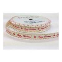 9mm Bertie\'s Bows Happy Christmas Grosgrain Ribbon Ivory & Red
