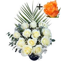 A single Orange Rose surrounded by 11 White Roses