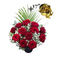 A single 17Inch Gold Dipped Rose surrounded by 11 Deep Red Naomi Roses