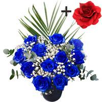 A single Red Silk Rose surrounded by 11 Blue Roses