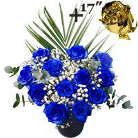 A single 17Inch Gold Dipped Rose surrounded by 11 Blue Roses