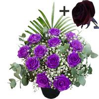 a single black rose surrounded by 11 purple roses