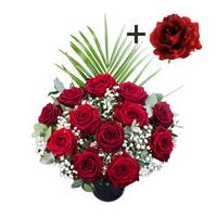 a single red silk rose surrounded by 11 deep red naomi roses