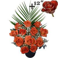 a single 12inch gold trimmed red rose surrounded by 11 orange roses