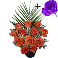 A single Purple Rose surrounded by 11 Orange Roses