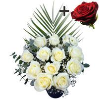 a single red rose surrounded by 11 white roses