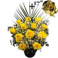 a single 17inch gold dipped rose surrounded by 11 yellow roses